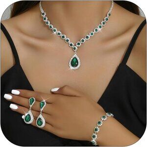 Wedding Jewelry Set for Brides Bridesmaids Silver Rhinestone Necklace Earrings B